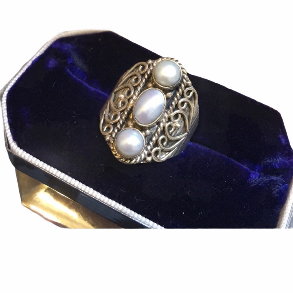 Sterling silver ornate design oblong 925 fancy pearl ring